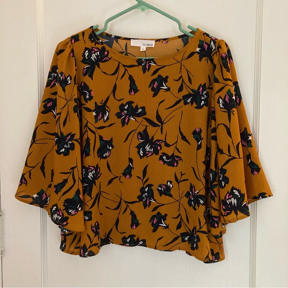 Anthropologie Mustard Floral Blouse Bell Sleeve